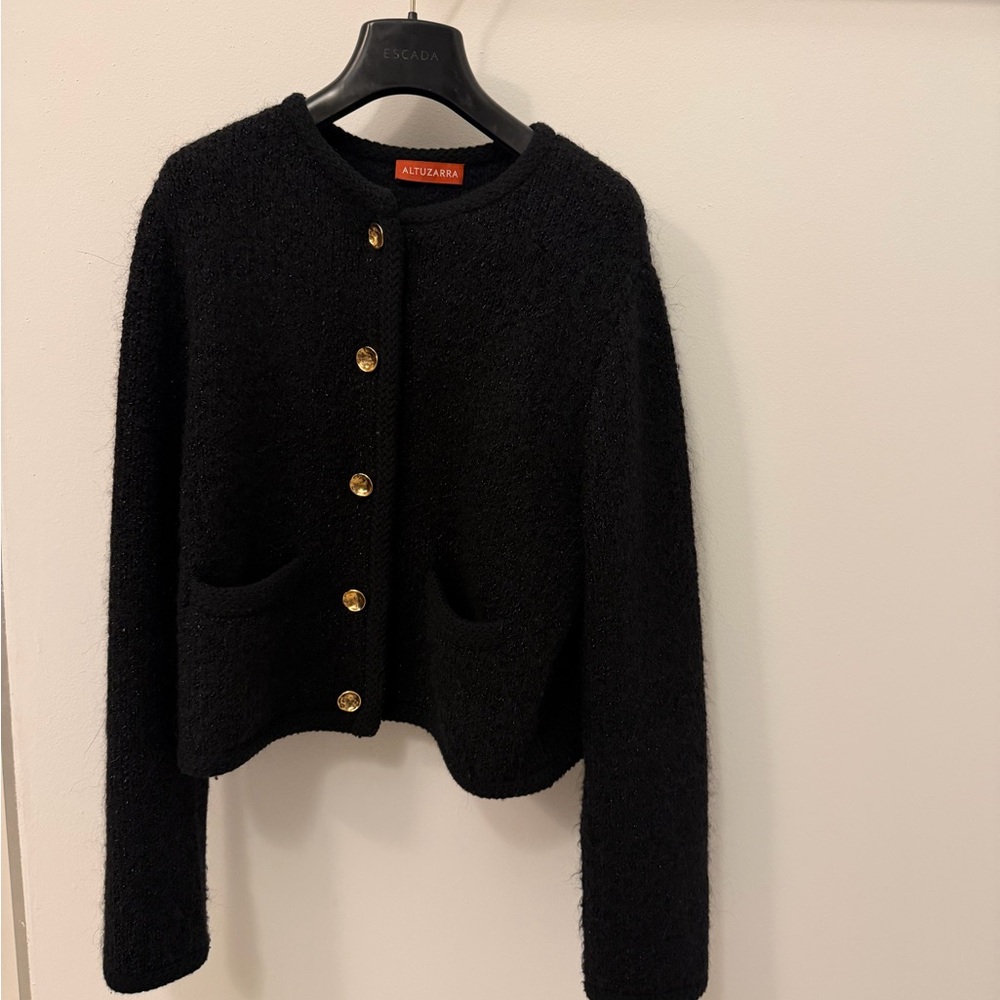 Altuzarra Black Shimmer Knit Cardigan with Gold Buttons